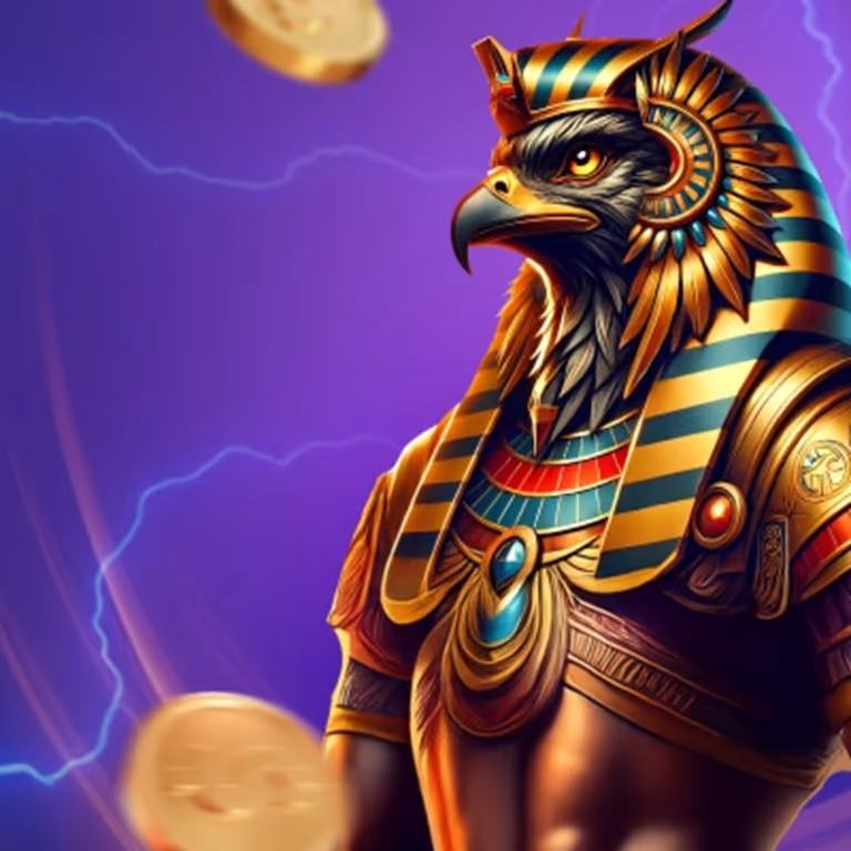 777bet Casino Egyptian-themed slot character wearing golden armor and holding a coin, symbolizing ancient treasures and big jackpot wins.